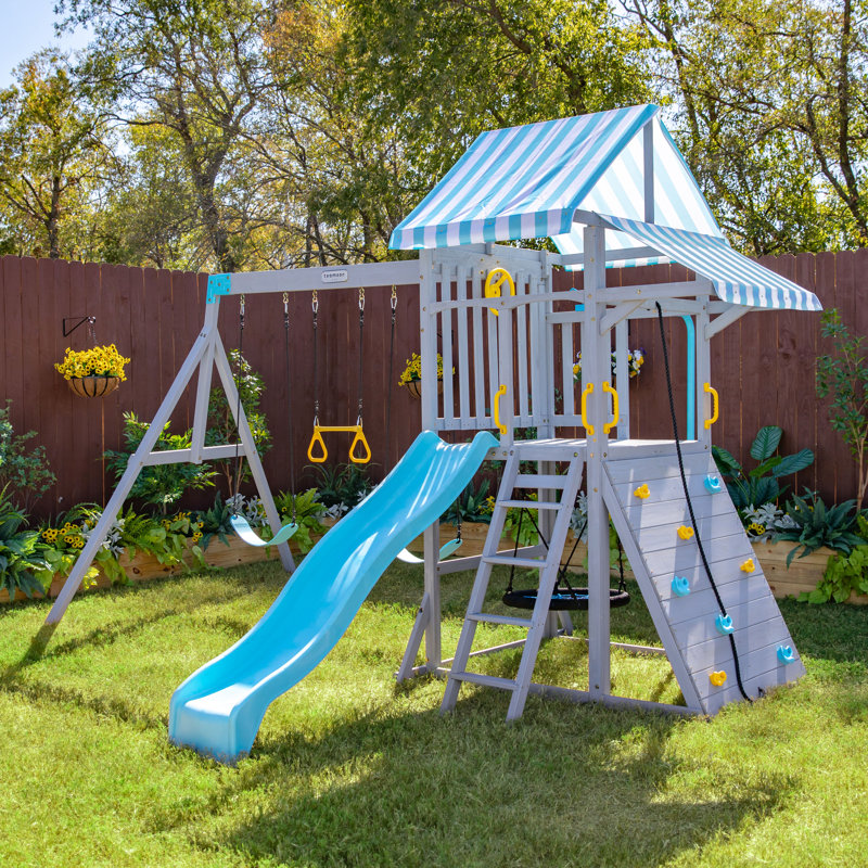 Teamson Kids Laguna Outdoor Wooden Swing Set With Slide & Rock